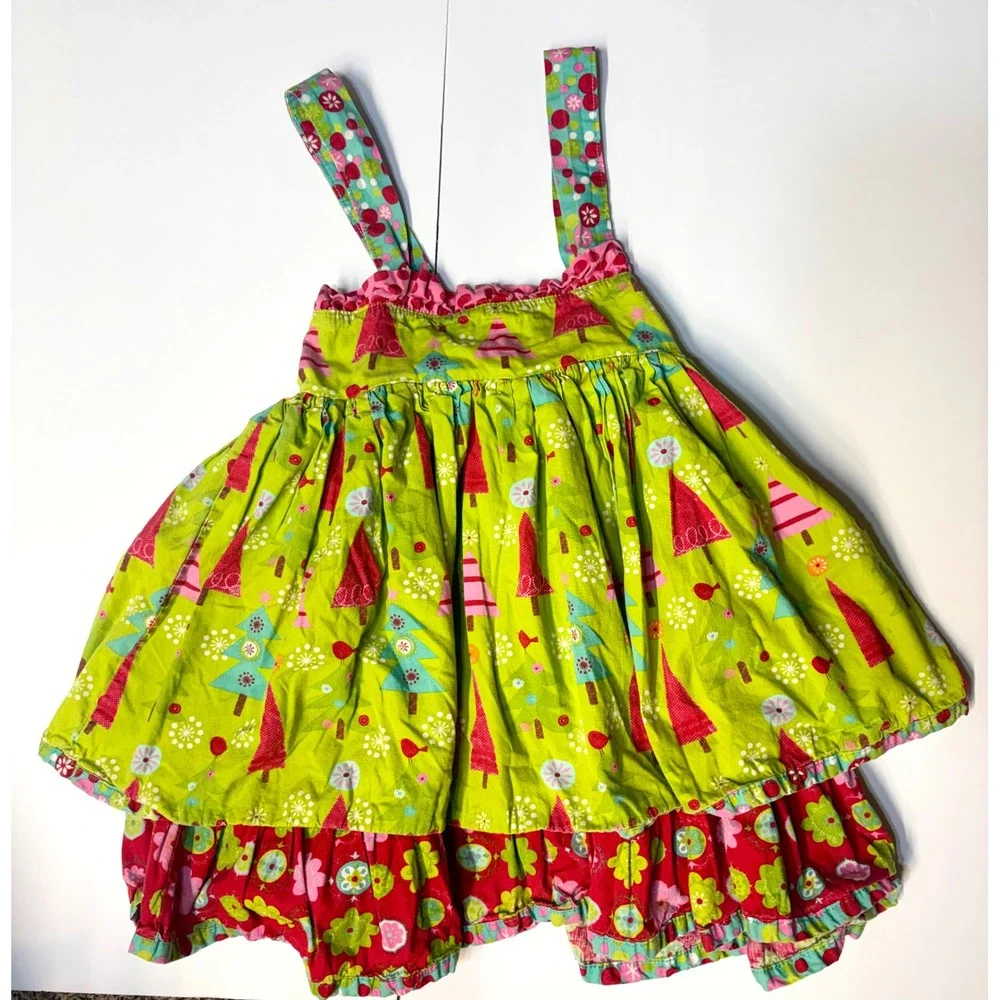 Jelly the Pug Girls 4T Sundress Christmas Trees Floral Ruffle Tiered Whimsical